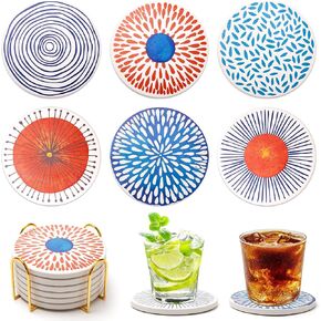 Ceramic Absorbent Coaster Set of 6 Mid Century Coasters for Drinks Modern Round Colorful Table Coasters with Holder Cool Coaster Funky Beach Coasters Cute Stone Cup Coasters