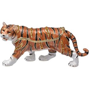 Trinket Box Hinged Tiger Figurine | Golden Crystal Enameled Wild Animal Home Decor | Gifts for Tiger Lovers, Wildlife Enthusiasts