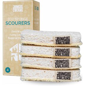 Jungle Culture® 6 Piece Natural Dish Brushes for Washing Up • Eco Dish Brush Kitchen Cleaning Set • Plant Based Coconut Scrubbers • Bottle/Pot Brush & Eco Friendly Scourer Sponge for Pans & Dishes