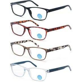 Reading Glasses Men Women Blue Light Blocking Readers Rectangle Anti Blue Ray Cheaters Glasses w/Spring Hinge 4-Pack