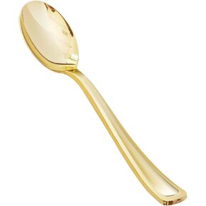 50 Pack 6.9 Inch Gold Plastic Spoons, Heavy Duty Plastic Silverware, Heavyweight Gold Disposable Spoons, Disposable Serving Utensils for Catering, Parties, Dinners, Weddings