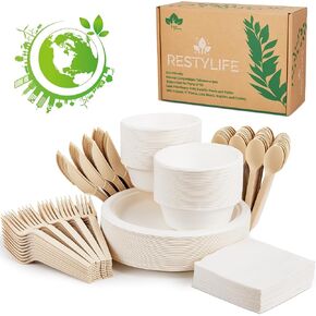 300pcs Compostable Paper Plates Set - Heavy-Duty Biodegradable Plates, Bowls & Cutlery - Ideal for Parties, Weddings, Picnics, Camping - Eco-friendly, Safe, BPA Free, Microwave Safe in Saudi Arabia
