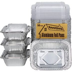 50 Pack Small 8 OZ/230ML Capacity Disposable Takeout Pans with Clear Plastic Lids - 5.11x3.94x1.57" Aluminum Foil Food Containers with Strong Seal for Catering Party Meal Prep Freezer BBQ Potluck