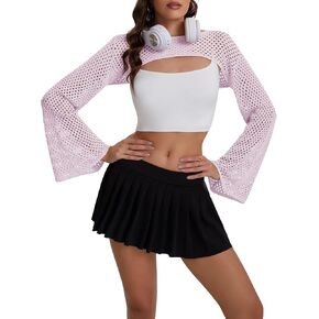 Bloggerlove Womens Crop Long Sleeve Shrug Beach Cove Ups Crochet Crop Y2K Sexy Mesh Hollow Out Swimsuit Knit tops
