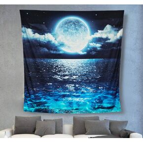ACRAFT Wall Tapestry Moon Ocean Stars for Bedroom Wall Hanging Blue Queen Teal Turquoise Decor Ocean Sea Tapestries for Yoga Beach Picnic Blanket(Shining Clean)