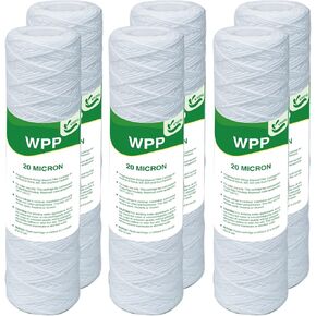 20 Micron String Wound Whole House Water Filter 10" x 2.5", 10-inch Universal Sediment Pre-Filters for Well Water, Replacement Cartridge for FXWSC, CW-F, CW-MF, 1SS, W5W, AO-WH-PRE-R2, 6-Pack