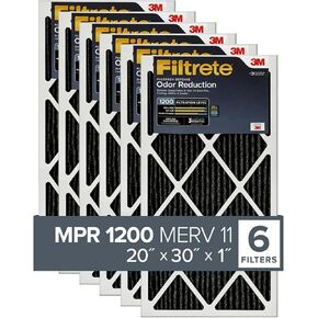 Filtrete 20x30x1 Air Filter, MPR 1200, MERV 11, Allergen Defense Odor Reduction 3-Month Pleated 1-Inch Air Filters, 6 Filters, Black
