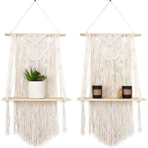 Set of 2 Handmade Macrame Wall Hanging Shelves-Decorative Floating Bohemian Shelf for Plants, Books and Vases - Woven Boho Shelving Display Unit for Homes or Office