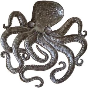 Large Metal Octopus, 23 Inch Round, Silver Bronze Tones, Decorative Sea Life Theme Wall Hanging Artwork, Handmade from Recycled Barrels