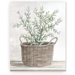 Watercolor Painting Of Plant In Woven Basket Farmhouse Style Wood Wall Decor Sign With Frame 16x20