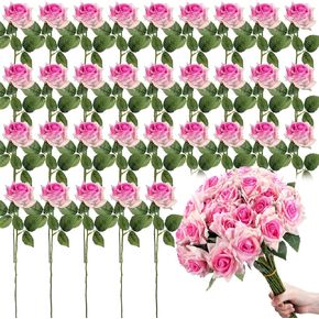 50 Pcs Fake Roses Bulk Velvet Silk Roses Flowers with Long Stem Real Looking Rose Bouquet DIY for Valentine's Day Arrangements Home Garden Wedding Party Decor (Red)