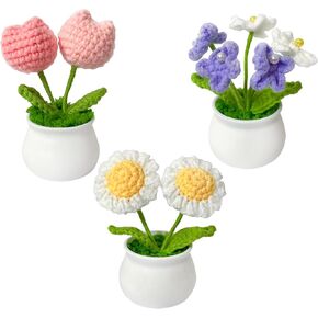 3pcs Crochet Flower Pot, Sunflower Red Rose Forget Me Not Small Potted Flowers, Mothers Day Valentines Gifts for Women Mom Wife