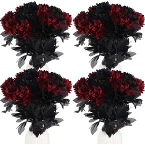 Halloween Burgundy Dahlia Artificial Flowers with Stems Faux Silk Dahlia Bouquet Fake Burgundy Flowers Artificial for Wedding Baby Shower Party Home DIY Craft Arrangement, Black, Red (60)