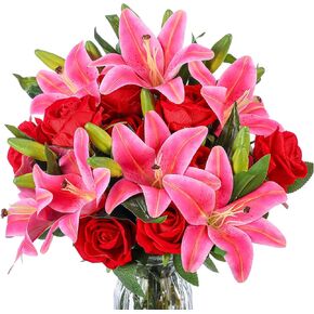 Hotop 20 Pcs Artificial Flowers Velvet Realistic Roses and Latex Lilies Flowers Bouquet Decorations Arrangements for Wedding Decor Home Table Centerpiece(Red,blue,white)