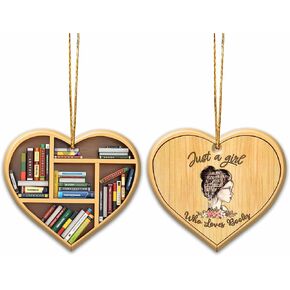 Book Lovers Heart Shaped Bookcase Christmas Wooden Ornament 2D Flat (Not 3D Ornament), Reading Christmas Ornament Tree Decor, Gifts for Reading Lovers Bookworm Librarian, Car Accessories (01)