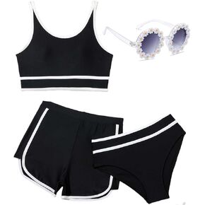 Girls Swimsuits 3 Piece Bathing Suit Bikini Set with Sporty Shorts and Sunglasses Beach Swimwear for Girl 8-15 Years