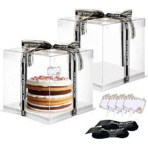 Clear Cake Box, 2 Pcs Transparent Cake Carrier Box with Lids, 10'' PET Cake Packaging Boxes with Ribbon Gift Card for Pastries, Clear Gift Boxes for Birthday, Wedding and Festival Party, White.