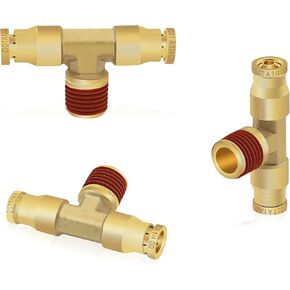 Siptenk 3/8" OD Tube x 1/4" NPT Thread Tee Union DOT Air Fittings 3PCS, 3/8 Inch OD Air Line Fittings Brass Air Brake Push-To-Connect Fittings for Truck Trailers Industry Air System
