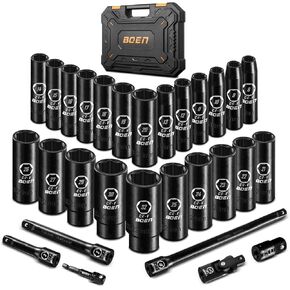 boen 29PCS 1/2" Drive Metric Socket Set, Impact Deep Socket(8mm-32mm), 6 Point Lug Nut Socket for Auto Repair with Portable Case, CR-V Steel