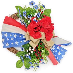 18Inch 4th of July Wreath for Front Door, Red Blue White Patriotic Decorations for Front Door Memorial Day Independence Day Veterans Day