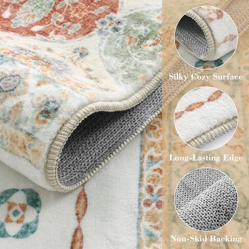 سجاد Wonnitar مغربي قابل للغسل مقاس 5x7، سجادة كبيرة لغرفة النوم، سجاد بوهو لغرفة المعيشة، غير قابل للانزلاق ناعم منخفض الوبر لمنطقة داخلية لغرفة النوم وغرفة الطعام، كريمي/متعدد in Kuwait