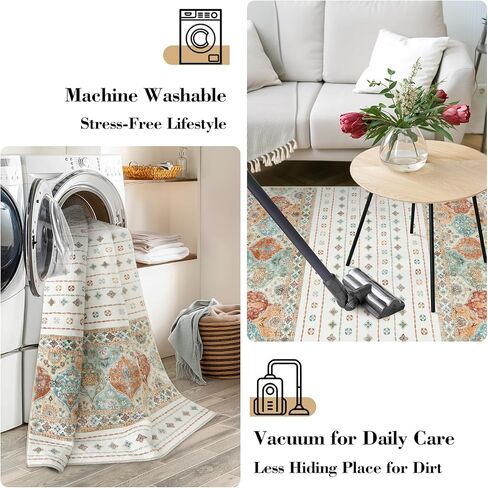 سجاد Wonnitar مغربي قابل للغسل مقاس 5x7، سجادة كبيرة لغرفة النوم، سجاد بوهو لغرفة المعيشة، غير قابل للانزلاق ناعم منخفض الوبر لمنطقة داخلية لغرفة النوم وغرفة الطعام، كريمي/متعدد in Kuwait