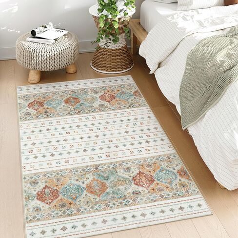 سجاد Wonnitar مغربي قابل للغسل مقاس 5x7، سجادة كبيرة لغرفة النوم، سجاد بوهو لغرفة المعيشة، غير قابل للانزلاق ناعم منخفض الوبر لمنطقة داخلية لغرفة النوم وغرفة الطعام، كريمي/متعدد in Kuwait