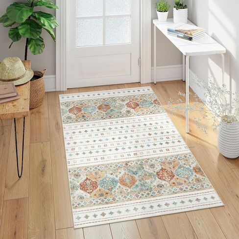 سجاد Wonnitar مغربي قابل للغسل مقاس 5x7، سجادة كبيرة لغرفة النوم، سجاد بوهو لغرفة المعيشة، غير قابل للانزلاق ناعم منخفض الوبر لمنطقة داخلية لغرفة النوم وغرفة الطعام، كريمي/متعدد in Kuwait