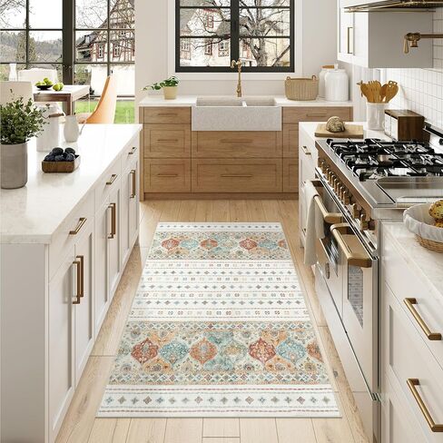 سجاد Wonnitar مغربي قابل للغسل مقاس 5x7، سجادة كبيرة لغرفة النوم، سجاد بوهو لغرفة المعيشة، غير قابل للانزلاق ناعم منخفض الوبر لمنطقة داخلية لغرفة النوم وغرفة الطعام، كريمي/متعدد in Kuwait