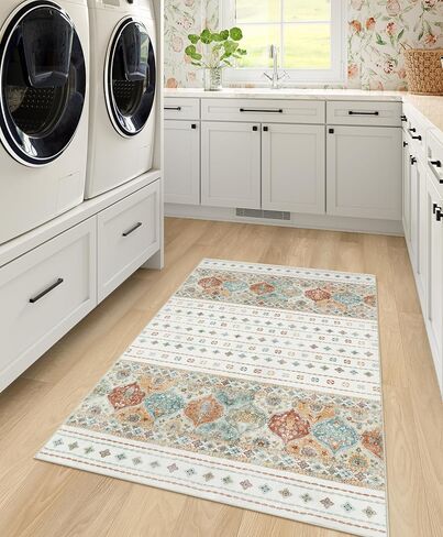 سجاد Wonnitar مغربي قابل للغسل مقاس 5x7، سجادة كبيرة لغرفة النوم، سجاد بوهو لغرفة المعيشة، غير قابل للانزلاق ناعم منخفض الوبر لمنطقة داخلية لغرفة النوم وغرفة الطعام، كريمي/متعدد in Kuwait