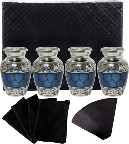 Brass Blue Cloud Small Keepsake Urns Set of 4 for Human Remain Ashes | Mini Cremation Ash Container for Funeral Scared Remains | Four Velvet Carry Bag | Paper Funnel | Gift Box in Saudi Arabia