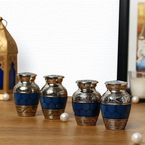 Brass Blue Cloud Small Keepsake Urns Set of 4 for Human Remain Ashes | Mini Cremation Ash Container for Funeral Scared Remains | Four Velvet Carry Bag | Paper Funnel | Gift Box in Saudi Arabia
