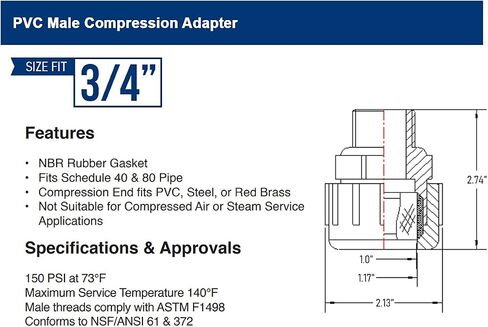 Midline Valve 587DB112 PVC Compression x Male Adapter Pipe Fitting; 1-1/2''; White Plastic in Saudi Arabia