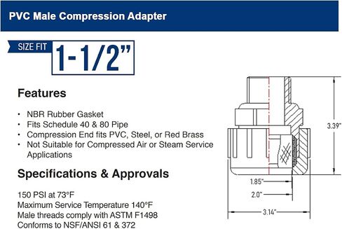 Midline Valve 587DB112 PVC Compression x Male Adapter Pipe Fitting; 1-1/2''; White Plastic in Saudi Arabia