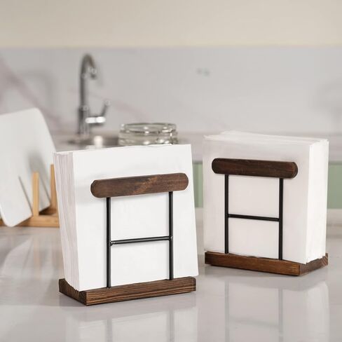 Lavievert Wooden Napkin Holder with Black Metal Wire, Upright Tissue Paper Organizer for Kitchen Dinner Table, Countertop, Restaurant, Home Decor - Set of 2, Dark Brown in Saudi Arabia