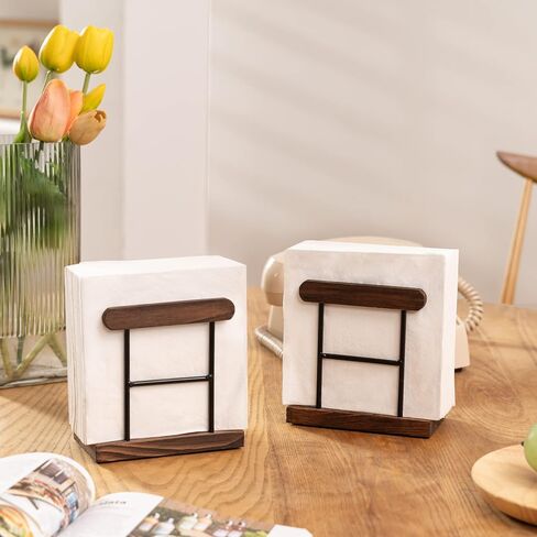 Lavievert Wooden Napkin Holder with Black Metal Wire, Upright Tissue Paper Organizer for Kitchen Dinner Table, Countertop, Restaurant, Home Decor - Set of 2, Dark Brown in Saudi Arabia