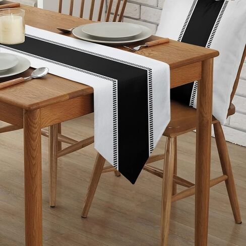 Black White Table Runner 90 inches Long for Kitchen Dining Table Summer Solid Color Stripe Coffee Table Runner for Living Room Cotton Linen Farmhouse Runners for Party Dresser Scarves Decor 13x90in in Saudi Arabia