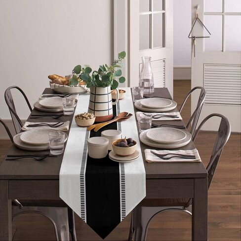 Black White Table Runner 90 inches Long for Kitchen Dining Table Summer Solid Color Stripe Coffee Table Runner for Living Room Cotton Linen Farmhouse Runners for Party Dresser Scarves Decor 13x90in in Saudi Arabia