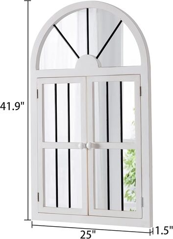 Farmhouse Arched Window Mirrors for Wall Decor Living Room 25 x 42 Inch, Hanging Distressed White Rustic Cathedral Window Pane Mirror, Wall Mirrors Decorative with Shutters for Bedroom in Saudi Arabia