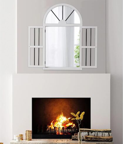 Farmhouse Arched Window Mirrors for Wall Decor Living Room 25 x 42 Inch, Hanging Distressed White Rustic Cathedral Window Pane Mirror, Wall Mirrors Decorative with Shutters for Bedroom in Saudi Arabia