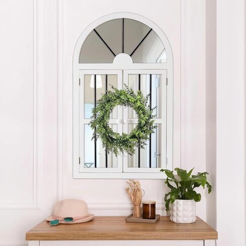 Farmhouse Arched Window Mirrors for Wall Decor Living Room 25 x 42 Inch, Hanging Distressed White Rustic Cathedral Window Pane Mirror, Wall Mirrors Decorative with Shutters for Bedroom in Saudi Arabia