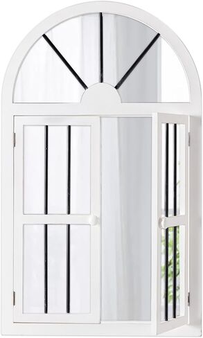 Farmhouse Arched Window Mirrors for Wall Decor Living Room 25 x 42 Inch, Hanging Distressed White Rustic Cathedral Window Pane Mirror, Wall Mirrors Decorative with Shutters for Bedroom in Saudi Arabia