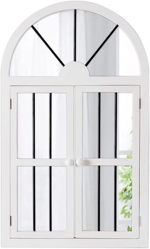 Farmhouse Arched Window Mirrors for Wall Decor Living Room 25 x 42 Inch, Hanging Distressed White Rustic Cathedral Window Pane Mirror, Wall Mirrors Decorative with Shutters for Bedroom in Saudi Arabia