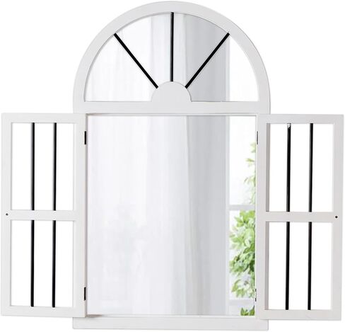Farmhouse Arched Window Mirrors for Wall Decor Living Room 25 x 42 Inch, Hanging Distressed White Rustic Cathedral Window Pane Mirror, Wall Mirrors Decorative with Shutters for Bedroom in Saudi Arabia