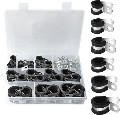 Boltigen 40 PCS Cable Clamps Assortment Kit, 6 Sizes 1/2" 1/4" 5/16" 3/8" 5/8" 3/4" Stainless Steel Cable Clamp, R Type Wire Clamps for Cable, Rubber Coated Tubing Clamps in Saudi Arabia