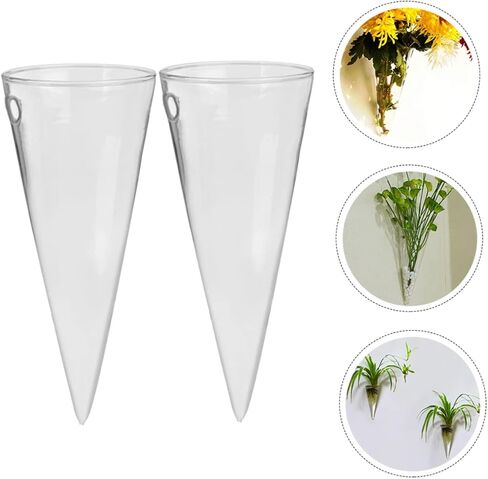 BESTOYARD 2pcs Wall Hanging Glass Flower Pots Plant Vase Wall Flower Vase Terrarium Air Plants Hydroponic Vase Tubes Wall Hanging Glass Vases Cone Shape Vase Coat Hanger Automatic in Saudi Arabia