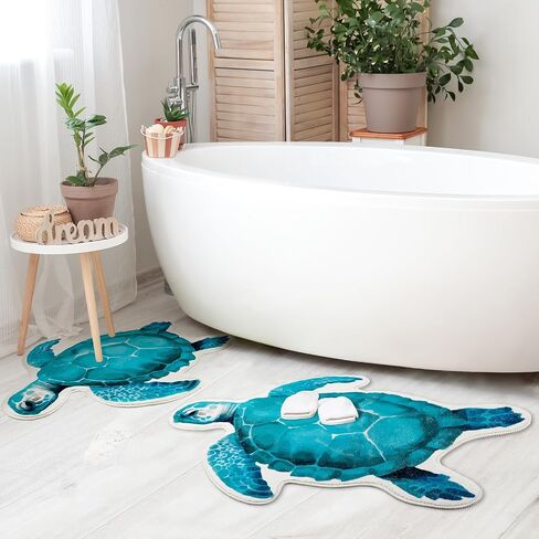 2 Pcs Blue Sea Turtle Bathroom Rug Sets 26 x 20 Inch and 32 x 24 Inch Sea Turtles Door Mat Non Slip Imitation Cashmere Turtle Bath Rug Ocean Beach Rug Sea Turtle Decor for Bathroom Kitchen in Saudi Arabia