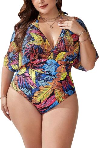 OYOANGLE Women's Plus Size Boho One Piece Swimsuits Tropical Print V Neck Halter Bathing Suits Swimwear in Saudi Arabia