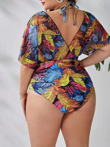OYOANGLE Women's Plus Size Boho One Piece Swimsuits Tropical Print V Neck Halter Bathing Suits Swimwear in Saudi Arabia