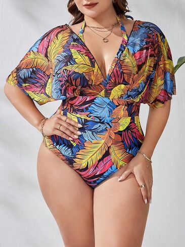 OYOANGLE Women's Plus Size Boho One Piece Swimsuits Tropical Print V Neck Halter Bathing Suits Swimwear in Saudi Arabia